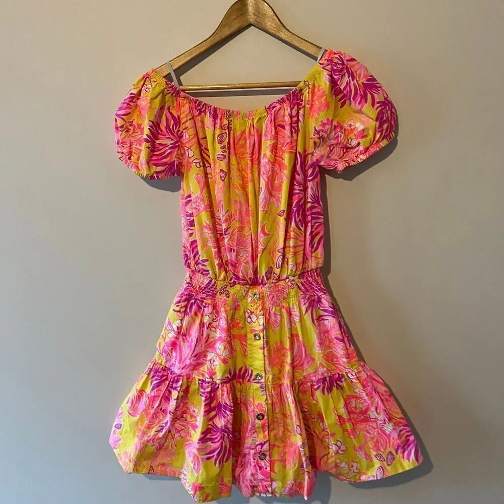 Lilly Pulitzer Jesiba Romper Calla Yellow Floral Coral 100% cotton coastal beach